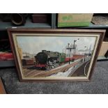 A framed modern Oil on Canvas, R Mooney, 46109 BR Loco and carriages leaving station 90cm x 65cm