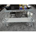 A Railway Station Bench from Donacster Railway Station, with original iron frame and name plate,