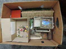 A box of hand made wooden Farmyard Buildings along with a small collection of Elastolin animals