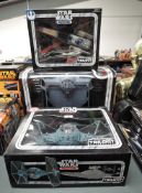 Three boxed Star Wars vehicles from the Trilogy collection X Wing fighter, Tie Fighter and Darth