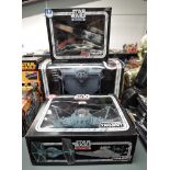 Three boxed Star Wars vehicles from the Trilogy collection X Wing fighter, Tie Fighter and Darth