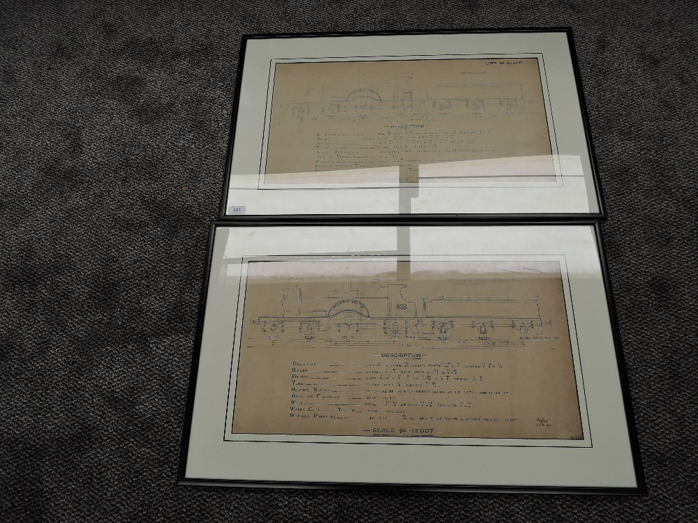 A framed and glazed pair of Railway Blue Prints, both 4-2-2 Loco's & Tenders, Achilles and Wigmore