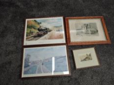 Four Framed Railway Prints, GWR On The Sea Wall, Dr Churches London & Birmingham Steam Coach, LNER
