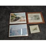 Four Framed Railway Prints, GWR On The Sea Wall, Dr Churches London & Birmingham Steam Coach, LNER