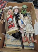 A box of mixed vintage Dolls including modern bisque headed Norwegian Boy, celluloid and hand