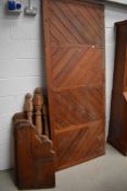 A selection of pine pew ends, back panel , newel posts etc