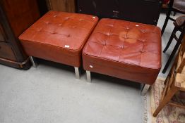 A pair of vintage vinyl stools of large proportion each approx 61 x 61cm, on square chrome legs
