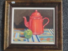 Hatton (20th century), an oil painting on board, still life teapot and apple, signed, 24 x 29cm,