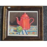 Hatton (20th century), an oil painting on board, still life teapot and apple, signed, 24 x 29cm,