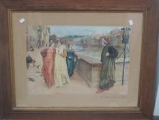 (19th century) a print, Olive Ferres, The Meeting of Dante and Beatrice 70, x 85cm, framed and