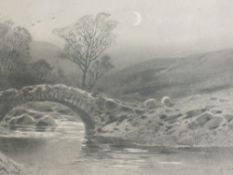 Arthur Tucker (1854-1929), a watercolour monochrome, moonlit river bridge, signed, 18 x 27cm,