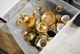 A part tea service and some brass wares