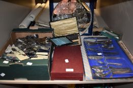 A selection of cased and loose cutlery and flatware including gallery tray