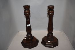 An impressive pair of large Victorian turned oak candle sticks.