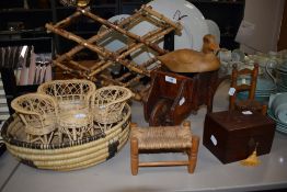 A selection of treen wood items including bamboo wine rack, wheelbarrow and duck figure