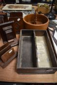 A selection of treen wood items including bowl, book ends and cutlery carry case