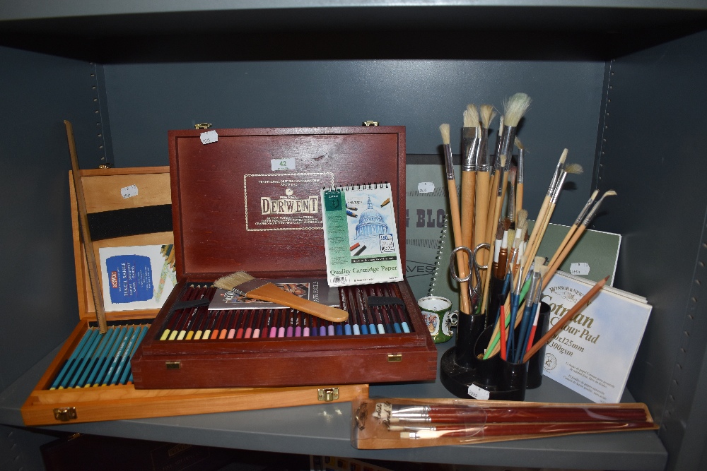 A collection of art materials including brushes,pastel pencils and paper etc.