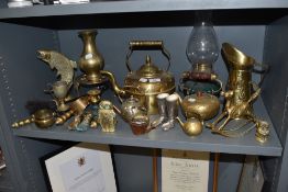 A selection of brass and similar including trivet, kettle, trinkets and more also included in a