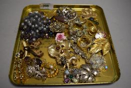 A selection of costume jewellery brooches including Silver scene, marcasite, bead etc