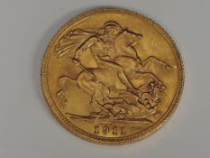 A United Kingdom George V 1911 Gold Sovereign, no mint mark