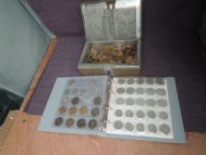 A collection of mainly GB Coins in album and cash box, album contains Silver Threepences,