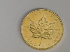 A Canadian Elizabeth II 1987 Maple Leaf 1/2 Ounce Gold $20 Coin