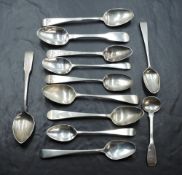 A group of twelve Georgian silver spoons, varying design, dates and makers, 155grams gross.