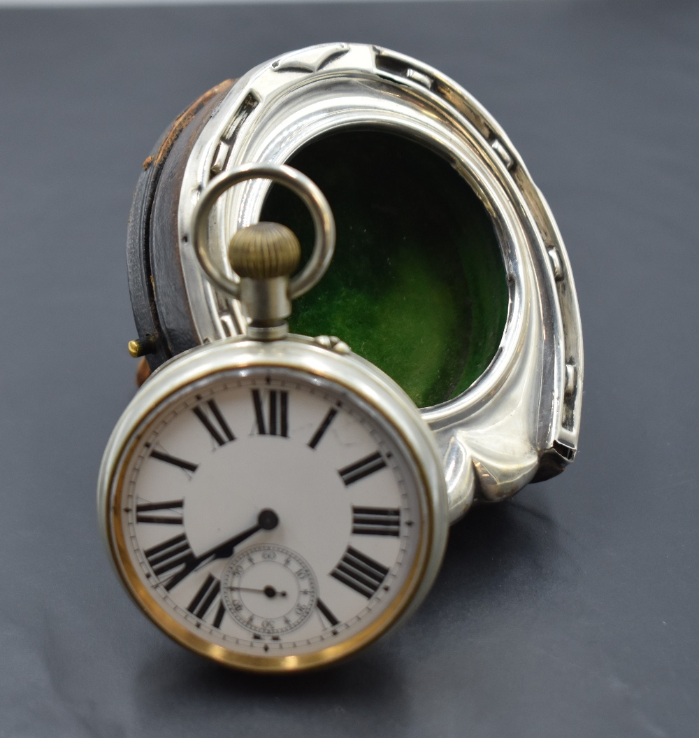 An Edwardian silver mounted horseshoe form pocket watch holder, marks for Birmingham 1906, maker - Image 2 of 2