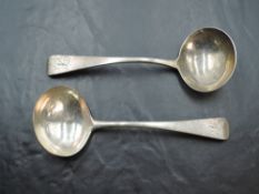 A pair of George III silver sauce ladles, Old English pattern, engraved initial 'L' to terminal,