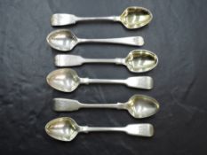 A group of six 19th century silver spoons, five fiddle pattern and one old English, each with deep