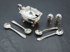 A selection of HM silver including mustard pot woyth blue glass liner, pair of miniature pepperettes