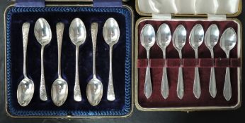 A cased set of six Edwardian silver teaspoons, Old English pattern with bright cut decoration, marks