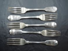 A set of six white metal table forks, fiddle and pip pattern with engraved initials, spurious