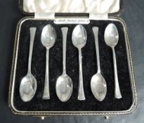 A cased set of six silver coffee spoons, marks for Sheffield 1939, maker Angora silver Plate Co,