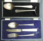 A 1940's cased silver christening set, comprising Mother-of-pearl handled knife, fork and spoon,