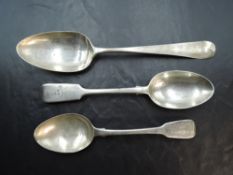 A group of three 19th silver spoons, two fiddle pattern, one Hanovarian, engraved initials to