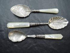 A group of three Victorian mother-of-pearl handled silver spoons, differing dates, makers and