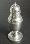 A silver sugar caster of urn form having push on pierced lid and weighted pedestal base,