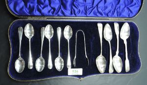 A cased part set of HM silver coffee spoons with sugar nips and four Georgian silver teaspoons (6&