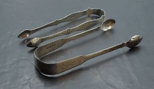 Two pairs of George III silver sugar tongs, marks for London 1795 & 1832, makers Peter & Ann Bateman