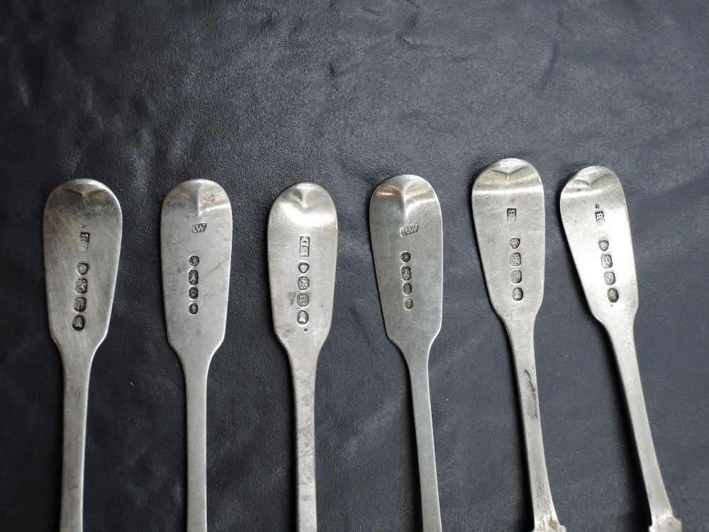 A Group of six 19th century silver teaspoons, fiddle pattern, five engraved with initials, marks for - Image 2 of 2