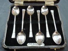 A cased set of six silver coffee spoons, marks for Sheffield 1941, maker Angora Silver Plate