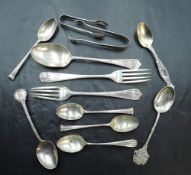 A selection of mixed silver spoons, sugar tongs, christening set, various dates, makers, gross