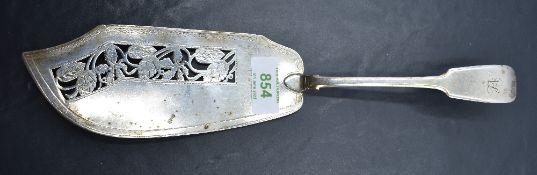 A George III silver fish server, fiddle pattern with engraved initials to terminal and pierced '