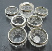 Two pairs of silver mounted hobnail-cut glass salts, marks for Birmingham 1927, maker Adie & Lovekin