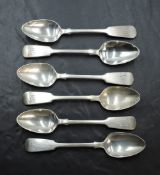 A set of six Victorian silver teaspoons, fiddle pattern with engraved initials 'GW', marks for