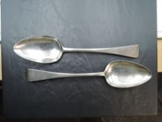 A Pair of George III silver serving spoons, Old English pattern with engraved initial 'R' to