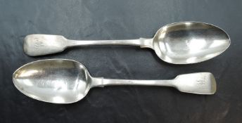 Two 19th century silver table spoons, fiddle pattern with engraved initial 'W', marks for London