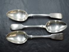 A group of three Victorian silver dessert spoons, fiddle pattern with pip reverse, marks for