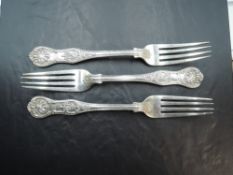 A group of three Victorian silver Queens pattern table forks, engraved with initials, marks for